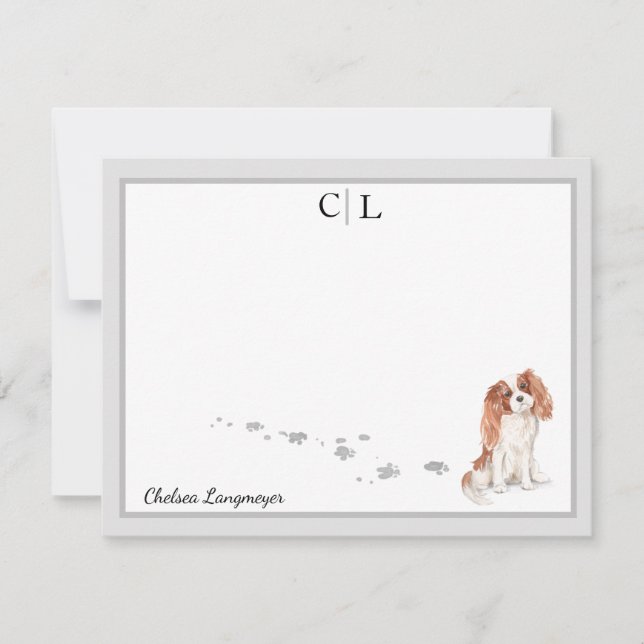 Cavalier King Charles Dog Gray Border Monogram Note Card (Front)