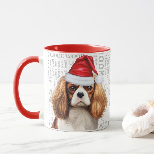 Cavalier King Charles Dog Santa on Woof Background Mug (With Donut)