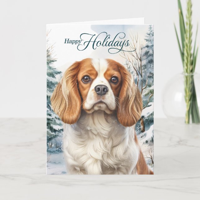 Cavalier King Charles Dog Winter Forest Christmas Holiday Card (Front)