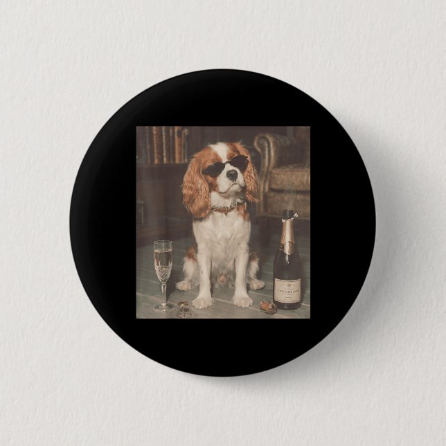 Cavalier King Charles Drinking Champagne Funny Button (Front)