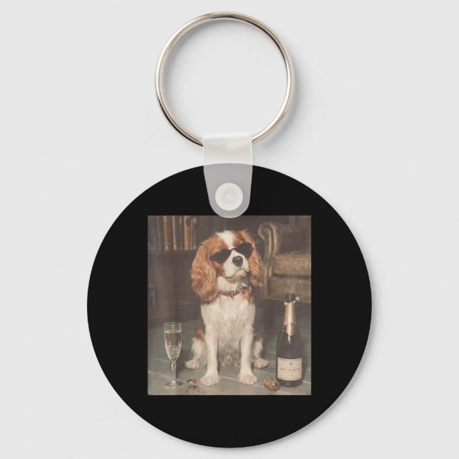 Cavalier King Charles Drinking Champagne Funny Keychain (Front)