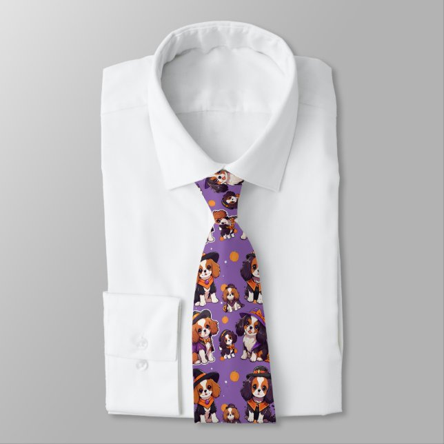 Cavalier King Charles halloween pattern Neck Tie (Tied)