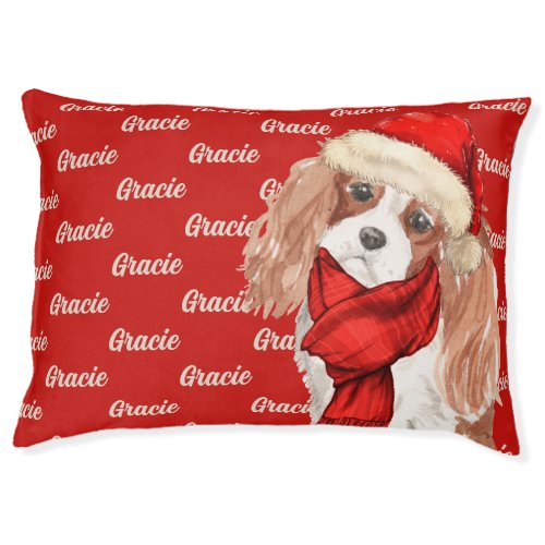 Cavalier King Charles on Red Name Christmas Dog Pet Bed
