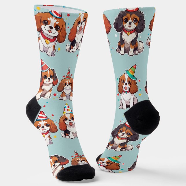Cavalier King Charles Pastel Birthday Pattern Socks (Angled)