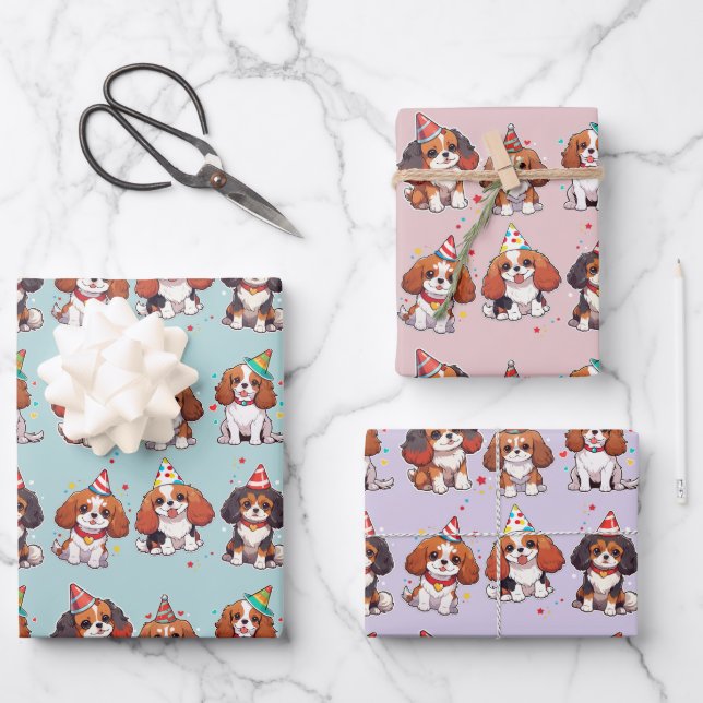 Cavalier King Charles Pastel Birthday Pattern Wrapping Paper Sheets (Front)
