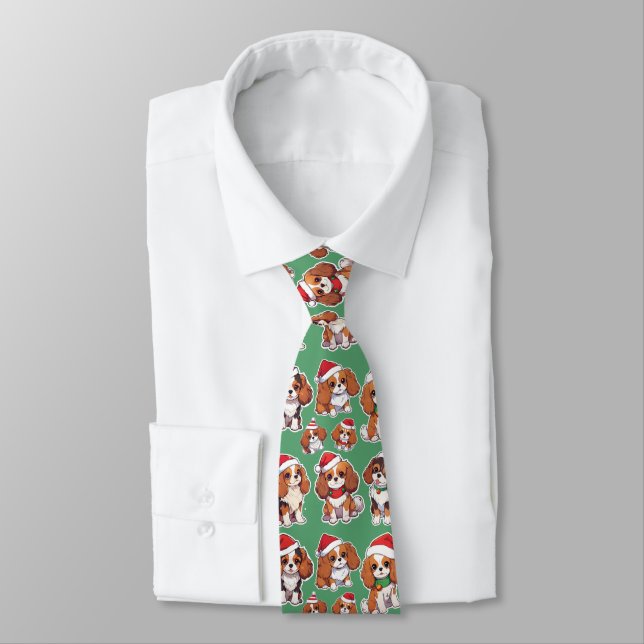 Cavalier King Charles Pastel Christmas Pattern Neck Tie (Tied)