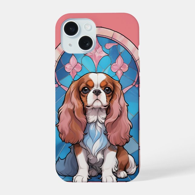 Cavalier King Charles Pastel Pink Stained Glass iPhone 15 Case (Back)