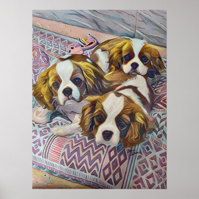 Cavalier KIng Charles Puppies Custom Art Print (Front)