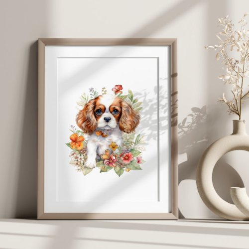 Cavalier King Charles Puppy Pet Watercolor Flower Poster
