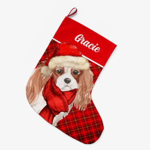 Cavalier King Charles Red Plaid Dog's Name Large Christmas Stocking