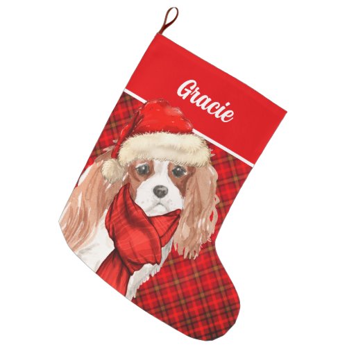 Cavalier King Charles Red Plaid Dogs Name  Large Christmas Stocking