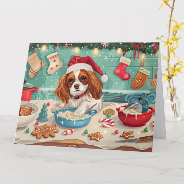 Cavalier King Charles Spaniel Baking Christmas Card (Yellow Flower)