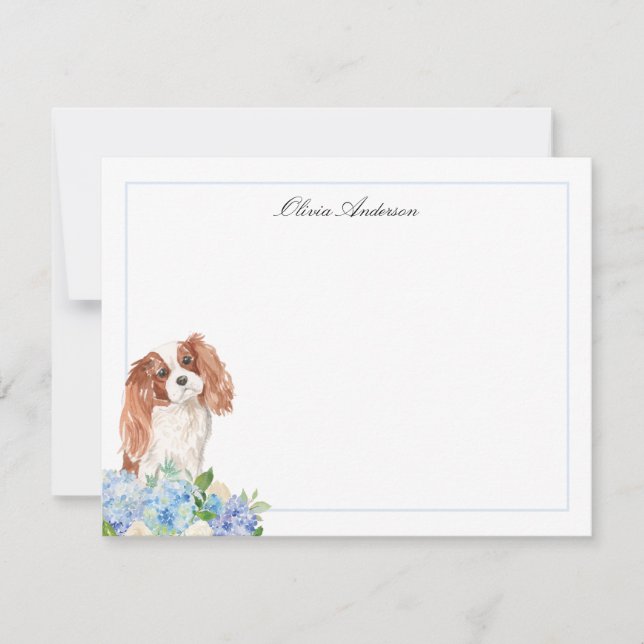 Cavalier King Charles Spaniel Blue Hydrangea Note Card (Front)