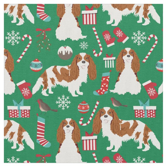 Cavalier King Charles Spaniel christmas green Fabric (Close Up)