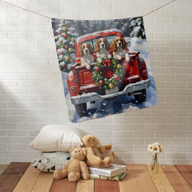 Cavalier King Charles Spaniel Christmas Red Truck Baby Blanket (In Situ)