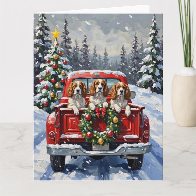Cavalier King Charles Spaniel Christmas Red Truck Card (Front)