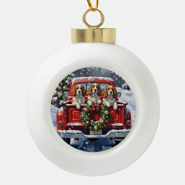 Cavalier King Charles Spaniel Christmas Red Truck Ceramic Ball Christmas Ornament (Front)