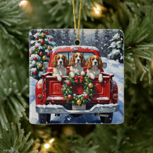 Cavalier King Charles Spaniel Christmas Red Truck Ceramic Ornament