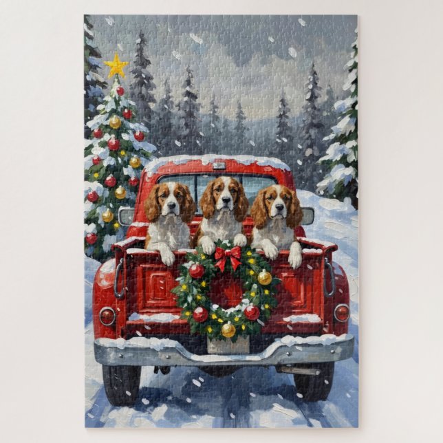 Cavalier King Charles Spaniel Christmas Red Truck Jigsaw Puzzle (Vertical)