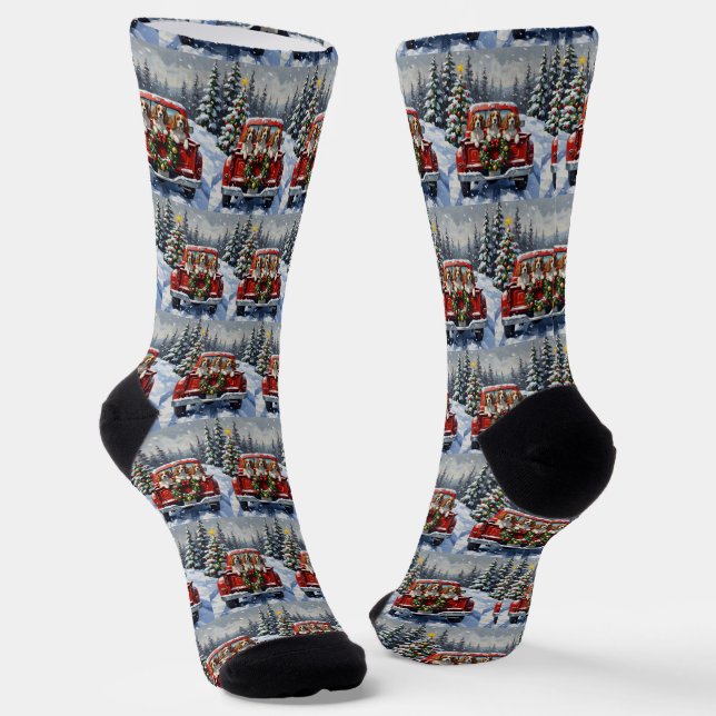 Cavalier King Charles Spaniel Christmas Red Truck Socks (Angled)