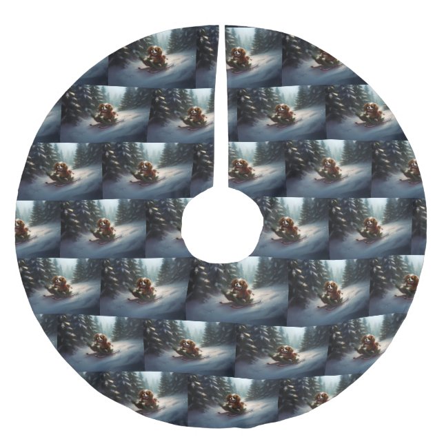 Cavalier King Charles Spaniel  Christmas snow Brushed Polyester Tree Skirt (Front)