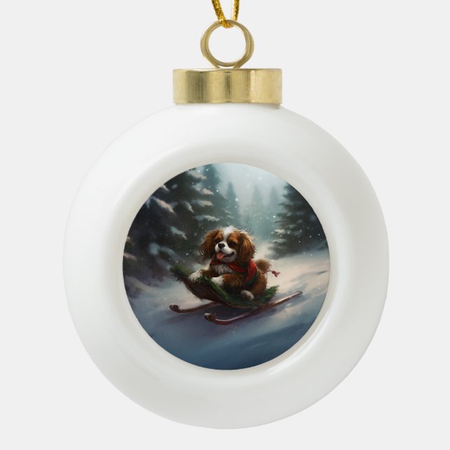Cavalier King Charles Spaniel  Christmas snow Ceramic Ball Christmas Ornament (Front)