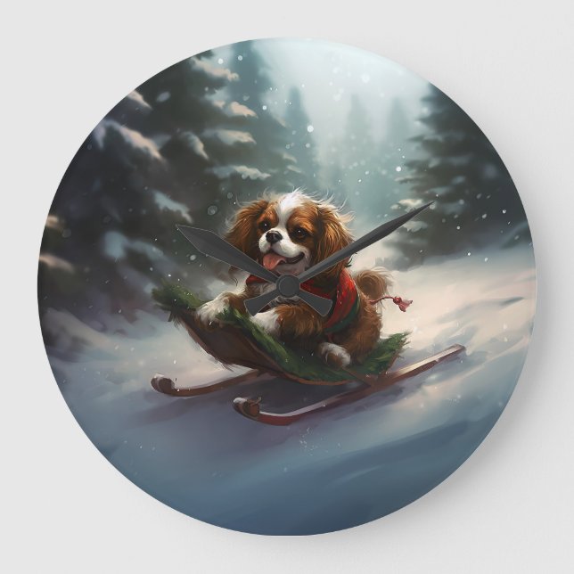 Cavalier King Charles Spaniel  Christmas snow Large Clock (Front)