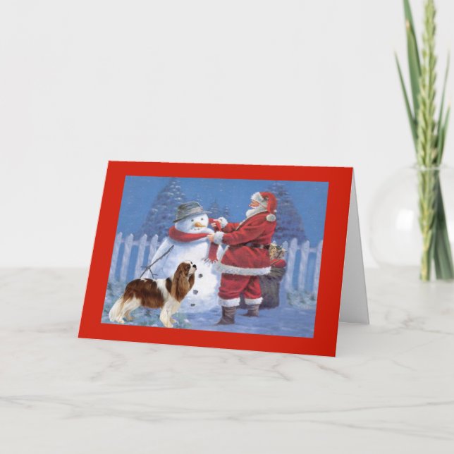 Cavalier King Charles Spaniel Christmas Snowman Holiday Card (Front)