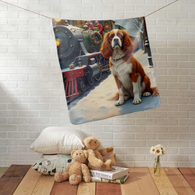 Cavalier King Charles Spaniel Christmas Train Baby Blanket (In Situ)