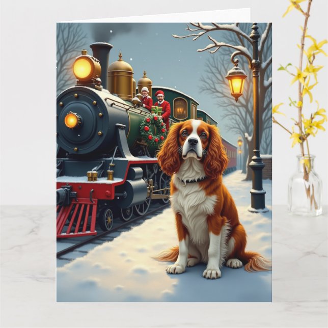 Cavalier King Charles Spaniel Christmas Train Card (Yellow Flower)