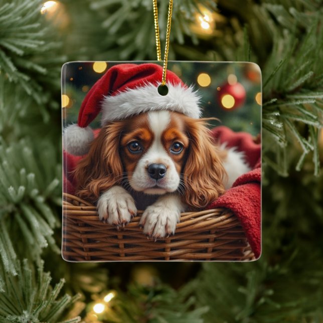 Cavalier King Charles Spaniel Cozy Basket Ceramic Ornament (Tree)