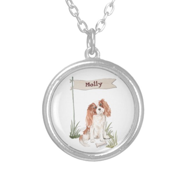 Cavalier King Charles Spaniel Customizable Name Silver Plated Necklace (Front)