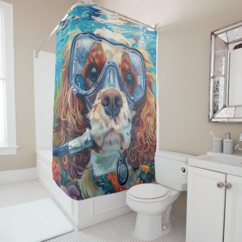 Cavalier King Charles Spaniel Diving Underwater Shower Curtain