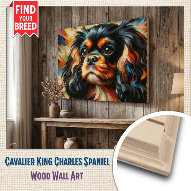 Cavalier King Charles Spaniel Dog Acrylic Print (Rustic Black & Tan Cavalier Spaniel Wood Wall Art Print)