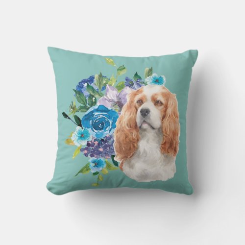 Cavalier King Charles Spaniel Dog Blue Floral Throw Pillow