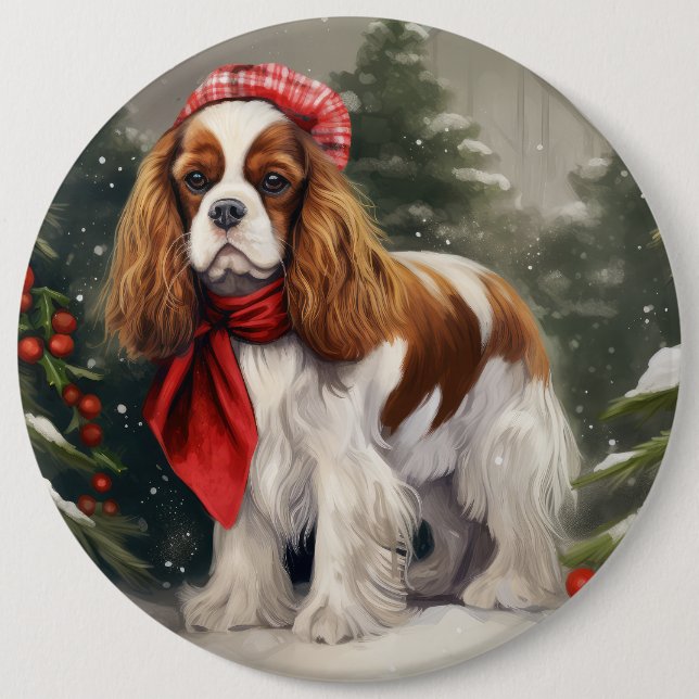 Cavalier King Charles Spaniel Dog Christmas Button (Front)