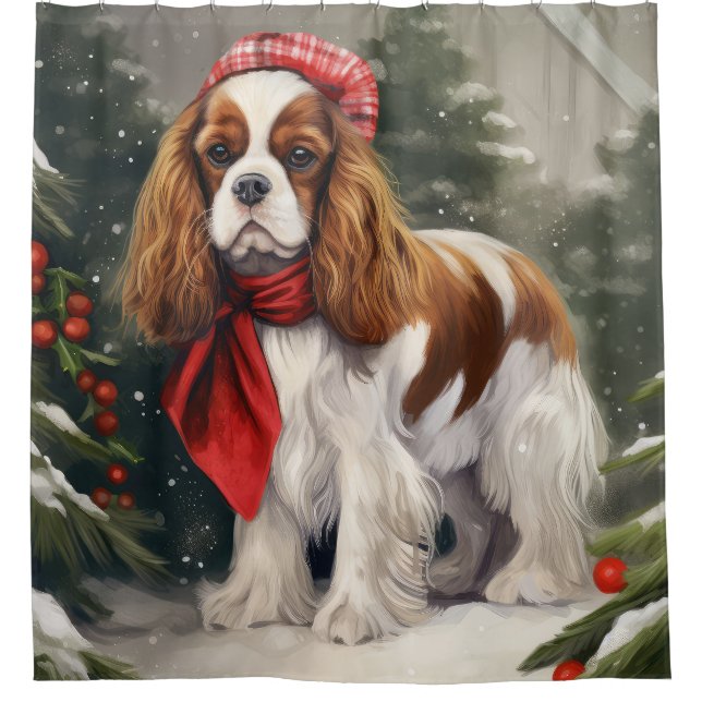 Cavalier King Charles Spaniel Dog Christmas Shower Curtain (Front)