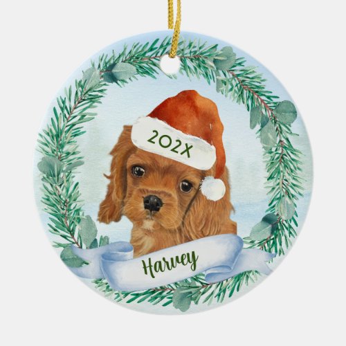 Cavalier King Charles Spaniel Dog Christmas Wreath Ceramic Ornament