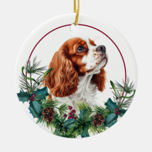Cavalier King Charles Spaniel Dog Evergreen Wreath Ceramic Ornament