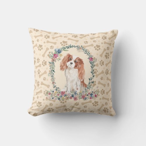 Cavalier King Charles Spaniel Dog Paw Print Floral Throw Pillow