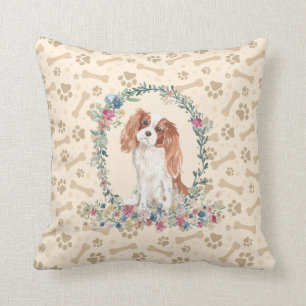 Cavalier King Charles Spaniel Dog Paw Print Floral Throw Pillow