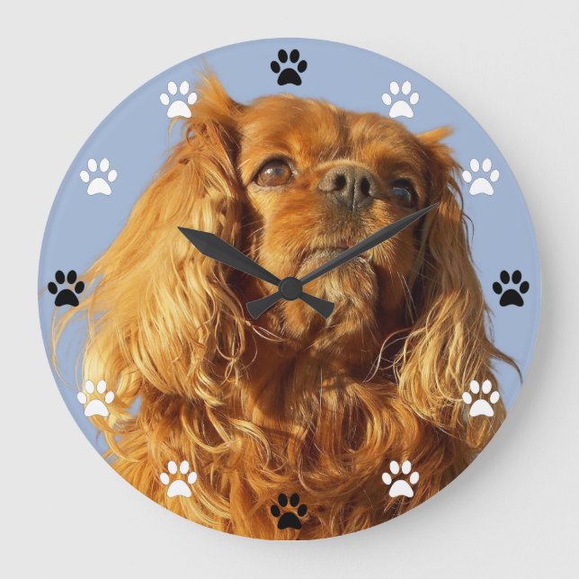 Cavalier King Charles Spaniel Dog - Paw Print Time Large Clock (Front)