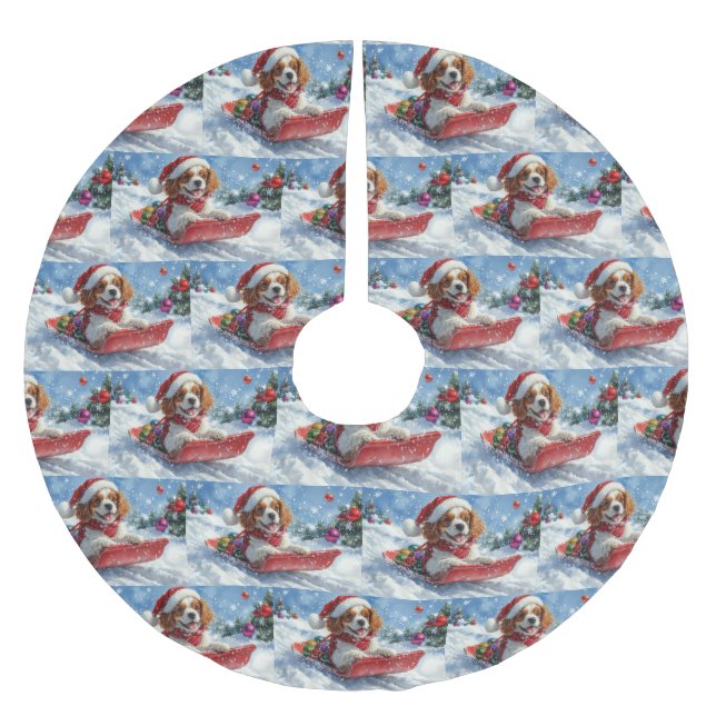 Cavalier King Charles Spaniel Dog Sledge Christmas Brushed Polyester Tree Skirt (Front)