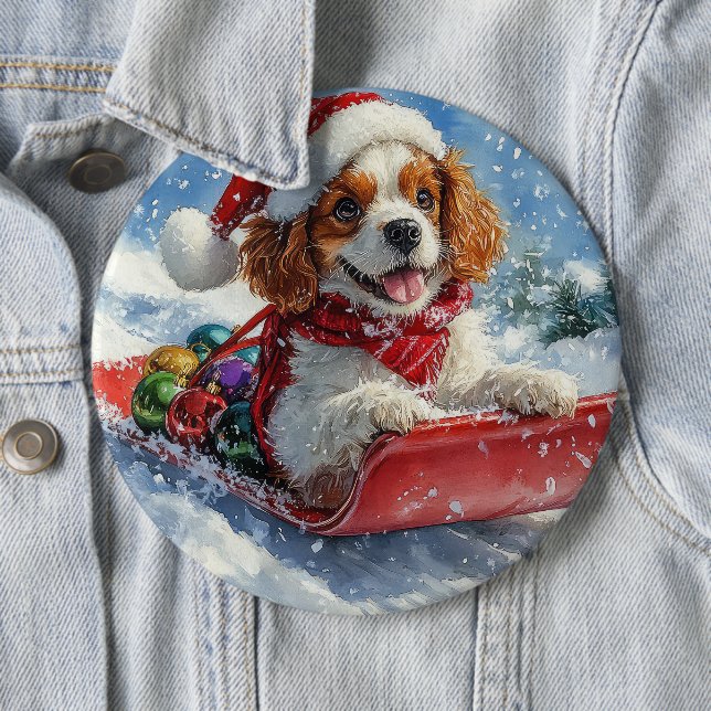 Cavalier King Charles Spaniel Dog Sledge Christmas Button (In Situ)