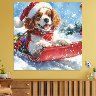 Cavalier King Charles Spaniel Dog Sledge Christmas Canvas Print