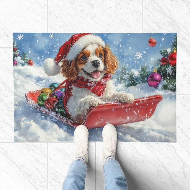 Cavalier King Charles Spaniel Dog Sledge Christmas Doormat (Indoor)
