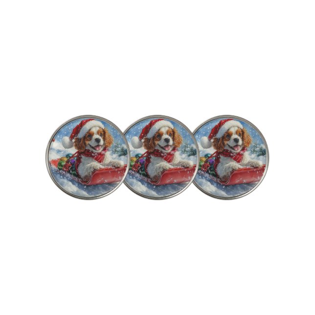 Cavalier King Charles Spaniel Dog Sledge Christmas Golf Ball Marker (3 Up)