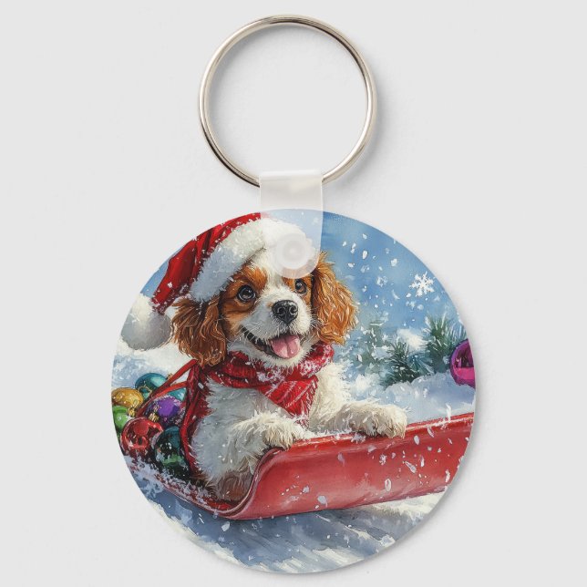 Cavalier King Charles Spaniel Dog Sledge Christmas Keychain (Front)