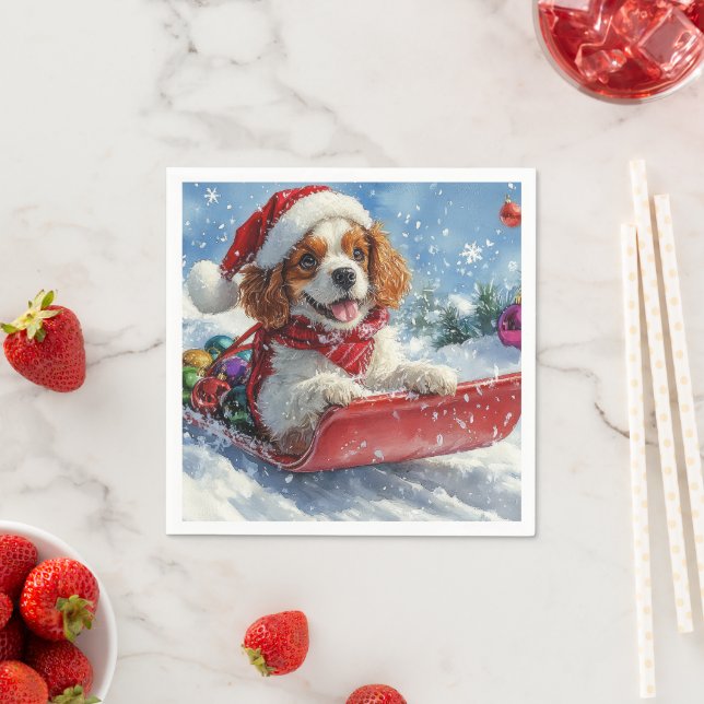 Cavalier King Charles Spaniel Dog Sledge Christmas Napkins (Insitu)