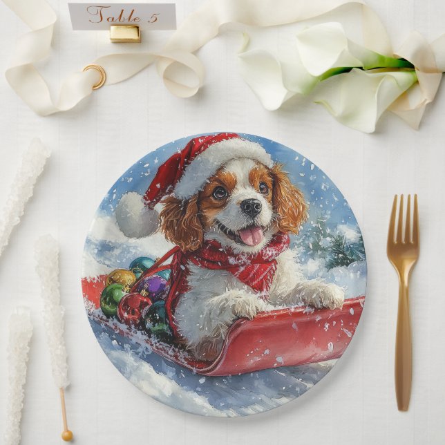 Cavalier King Charles Spaniel Dog Sledge Christmas Paper Plates (Wedding)